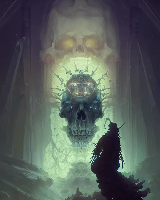 Image similar to ominous wizard, fractal skulls, bioluminescence, rugged, mechanical parts, digital painting by krenz cushart, ilya kuvshinov, akihiko yoshida, greg rutkowski, karl spitzweg. sharp focus, highly detailed, intricate background, post processing