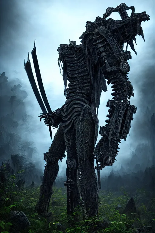 Image similar to post - gothic giant creepy chimera, exoskeleton armor, holding katana, dystopian ruins covered in vegetation, highly detailed smooth digital art masterpiece, vitaly bulgarov giger dramatic dark blue light, ground angle hd 8 k, sharp focus