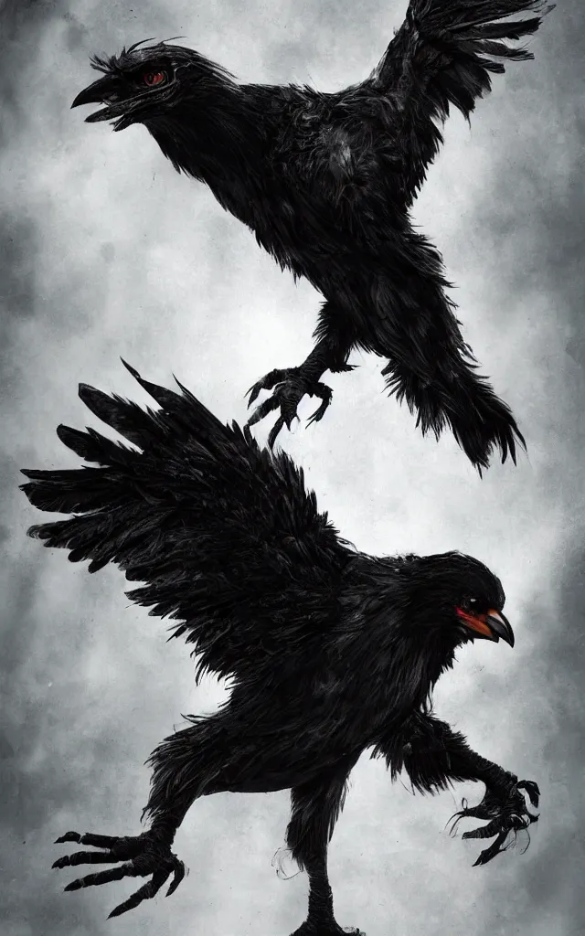 Image similar to mutant hybrid between human and crow, dynamic composition, dramatic lighting, hyperrealistic, ultra detailed