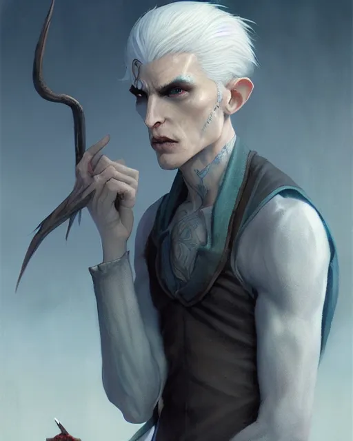 Image similar to character portrait of a slender half elf man with white hair, piercing blue eyes, and pale bluish skin, by greg rutkowski, mark brookes, jim burns, tom bagshaw, trending on artstation