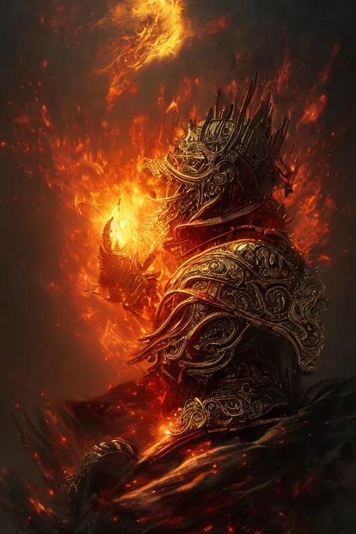 Prompt: portrait of a God made of flame, Dark Souls 3 themed, in style of Ruan Jia, insanely detailed and intricate, golden ratio, elegant, ornate, luxury, elite, matte painting, cinematic, cgsociety, James jean, Brian froud, ross tran, Laputa