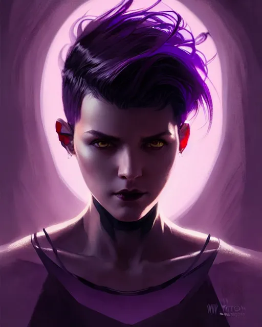 Prompt: portrait rugged girl, dark supervillain, dragon scales, fantasy magic, undercut hairstyle, short purple black fade hair, dark light night, intricate, elegant, sharp focus, illustration, highly detailed, digital painting, concept art, matte, art by WLOP and Artgerm and Greg Rutkowski and Alphonse Mucha, masterpiece