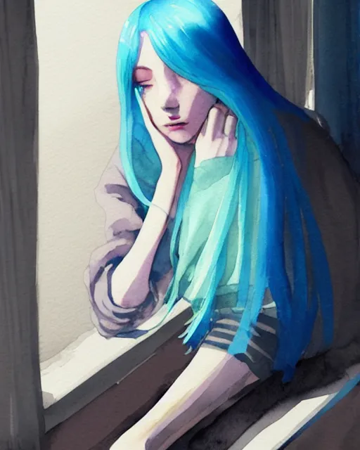 Image similar to watercolor painting of a pretty girl with Blue hair, wearing an oversized sweater, sitting by a windowsill, night. In the style of ilya kuvshinov, dramatic lighting, fantasy, intricate, elegant, highly detailed, lifelike, photorealistic, digital painting, bokeh, HDR, high resolution, artstation, concept art, smooth, sharp focus, art by Krenz Cushart and Albert Aublet