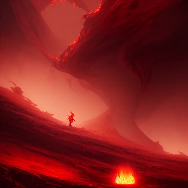 Image similar to one lone singular swirling otherworldly demonic figure shrouded in red robes emerges from extensive barren charcoal dunescape, flames, matte painting by peter mohrbacher and filip hodas, background colosseum!, godrays, high contrast, highly detailed