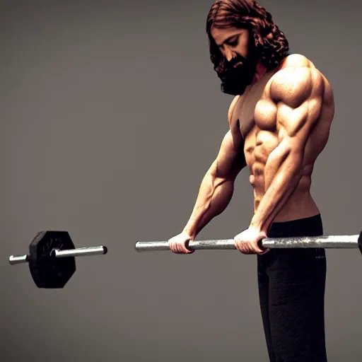 Image similar to Jesus lifting weights in gym, photorealistic, 4K