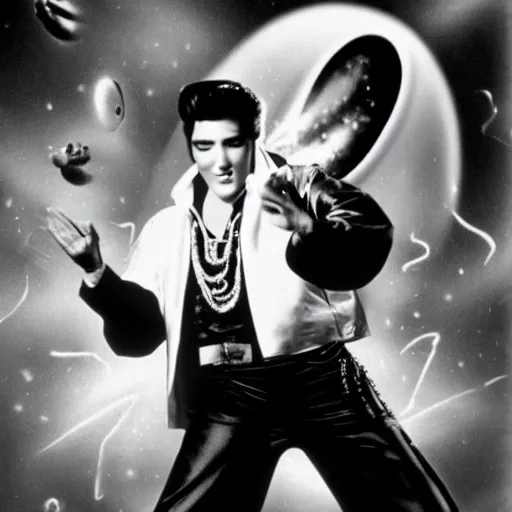 Image similar to black and white photograph of elvis on drugs dancing, aliens from another planet in the background