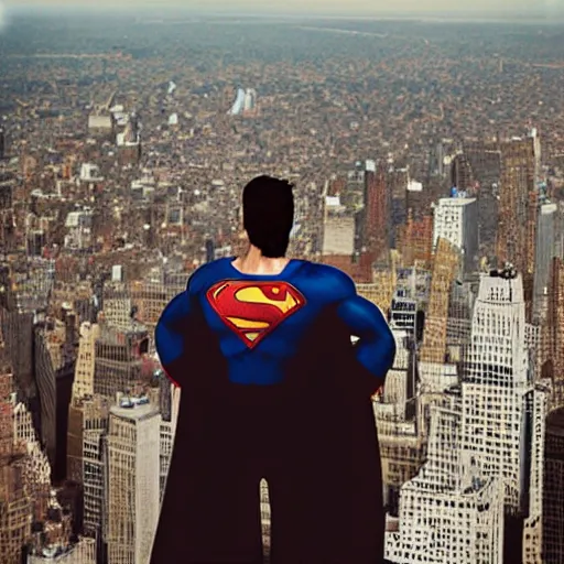 Image similar to superman from back hands on waist standing on top of the empire state building strong stance photo by annie leibovitz