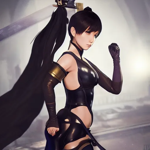 Prompt: Chun Li as 2B from Nier Automata and with slender body type with long hair standing holding a sword, trending in artstation, artstationHD, artstationHQ, wallpaper, 4k