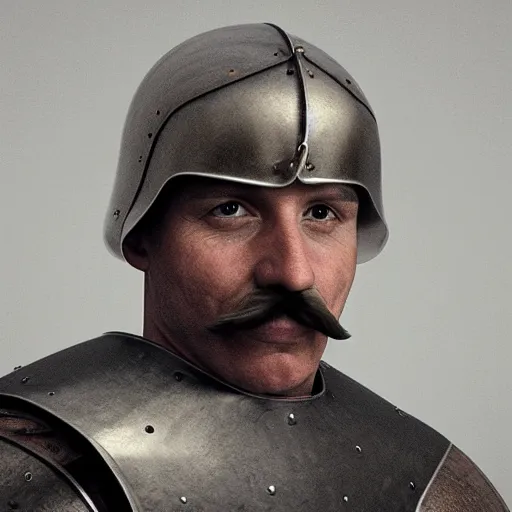 Prompt: realistic still of a man with a moustache wearing medieval Armor. Highly detailed portrait