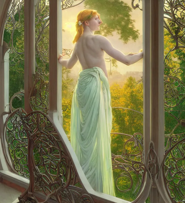 Image similar to intricate oil painting of a young elf woman wearing white and light green, looking out at the sunrise over rivendell from her art nouveau balcony, elegant, digital painting, smooth, sharp focus, illustration, ultra realistic, 8 k, by bouguereau, alphonse mucha, artgerm, and donato giancola