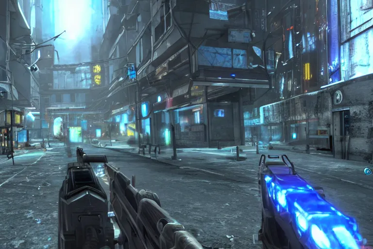 Image similar to Diamanda Galas NPC in a cyberpunk FPS game from 2003, gameplay screenshot, first-person POV