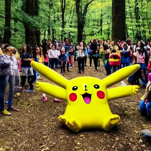 Image similar to photograph of a group of people worshipping a giant pikachu in a forest