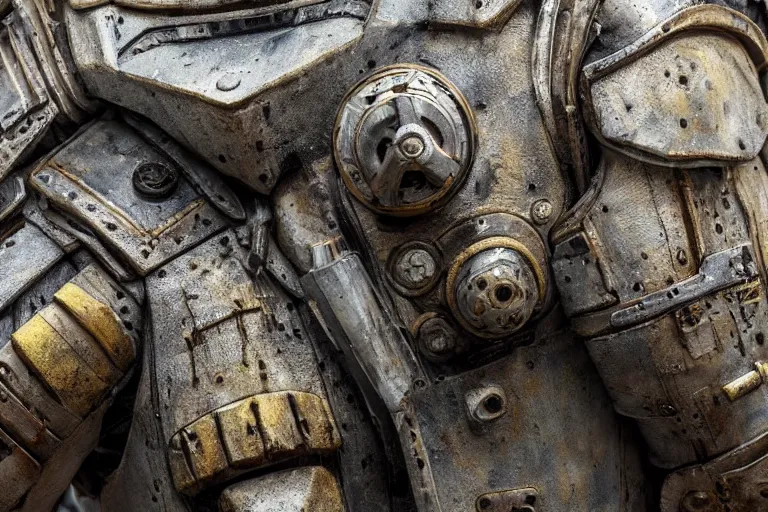 Image similar to low angle wide shot photo taken of an epic intricate, ultra detailed, super realistic gritty, hero prop, exquisitely weathered very clunky, bulky fallout 5 power armour suits movie prop replica's in a row in the workshop, created by weta workshop, full body shot, photorealistic, sharp focus, white wall, cold colour temperture, golden ratio