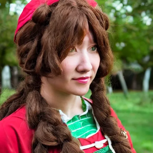 Image similar to woman with long curly read hair in villager cosplay from animal crossing. beautiful. relaxed. realistic photo. cosplay photoshoot. high detail. convention photo.