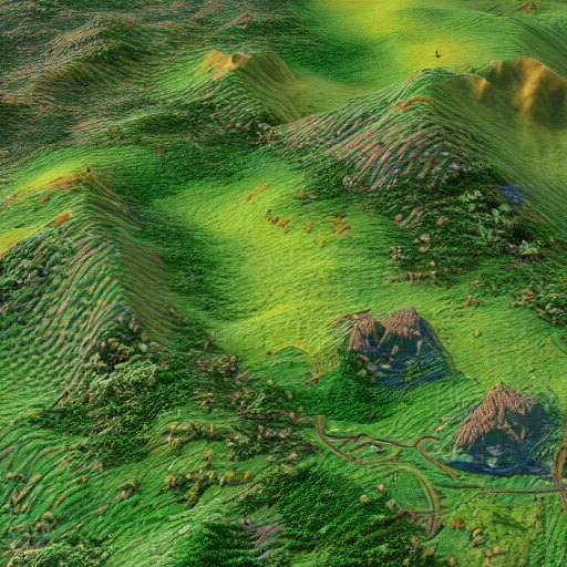 Prompt: isometric miniature photography closeup, h0, 1:87, reaction diffusion, Meadow, hills, highly detailed, satellite image, game map, anno 1404, civilization, unreal engine, megascans texture