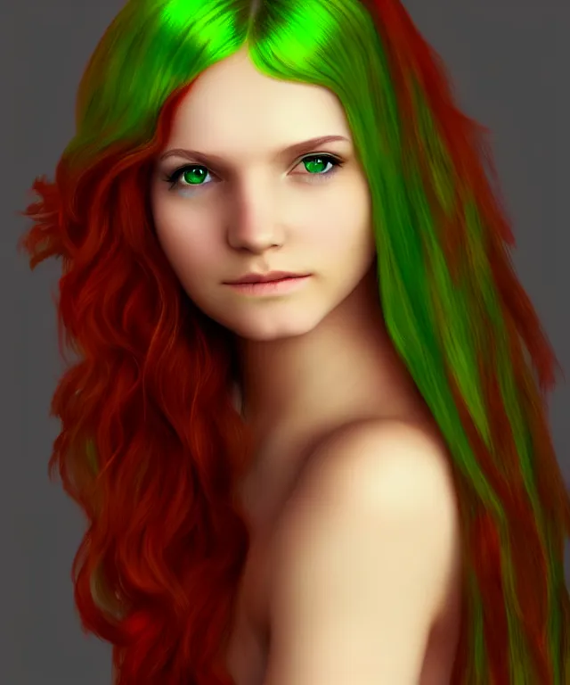 Prompt: Fae teenage girl, portrait, face, long red hair, green highlights, fantasy