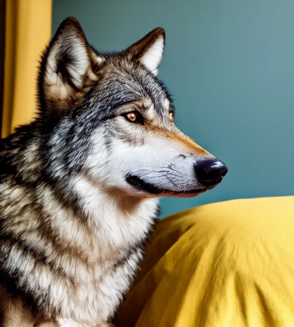 Image similar to a 4 k photorealistic photo of a wolf sitting on a bed in a yellow room