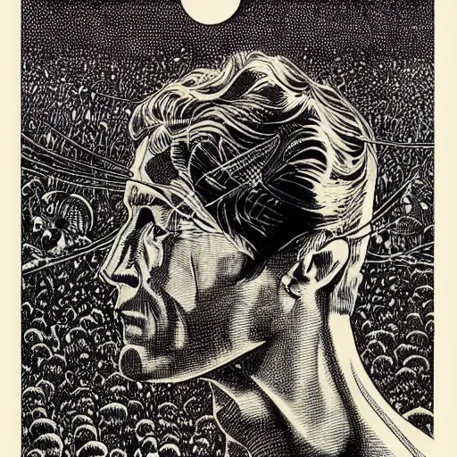 Image similar to a guy, moths on face, by virgil finlay, by kilian eng,