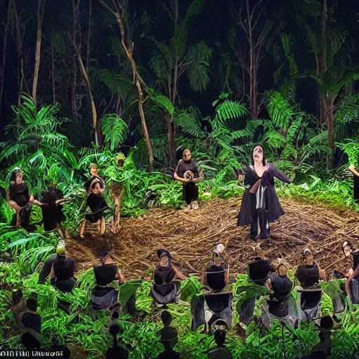 Image similar to high quality, high detail, an opera performance about deforestation in kalimantan forest, photorealistic lighting