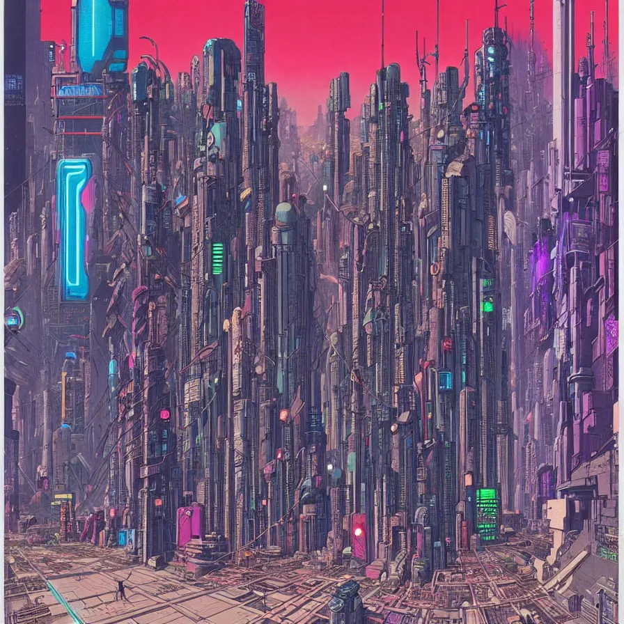 Image similar to ( ( ( ( cyberpunk city ) ) ) ) by mœbius!!!!!!!!!!!!!!!!!!!!!!!!!!!, overdetailed art, colorful, artistic record jacket design