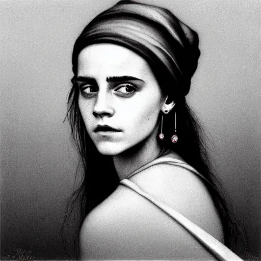 Image similar to emma watson with a Pearl Earring painted by Beksinski