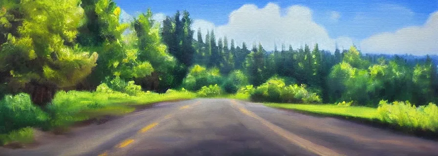 Prompt: road summer, trip style, soft lightning, green trees, oil painting by olga sacharoff