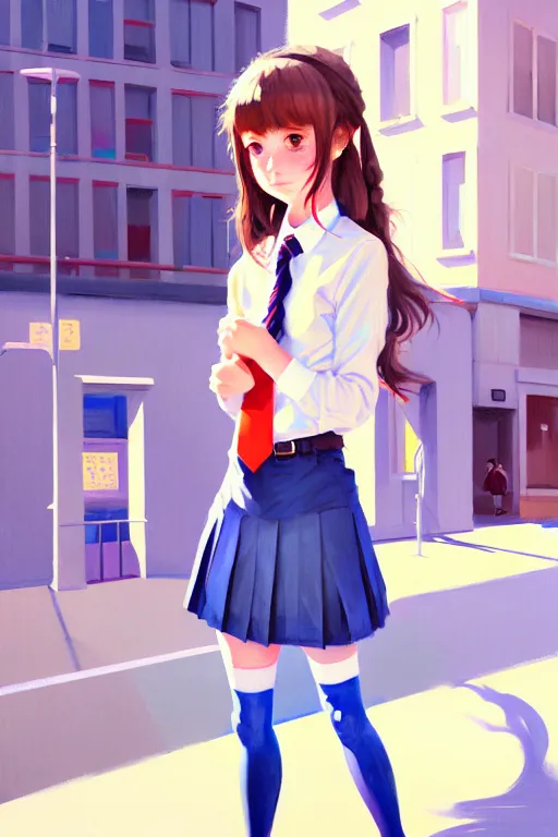 Prompt: gouache of a cute girl wearing school uniform standing in the city which seem small, bird's eye view, 8 k wallpaper, strong brush stroke, very high detailed, sharp focus, illustration, morandi color scheme, art station, by krenz cushart