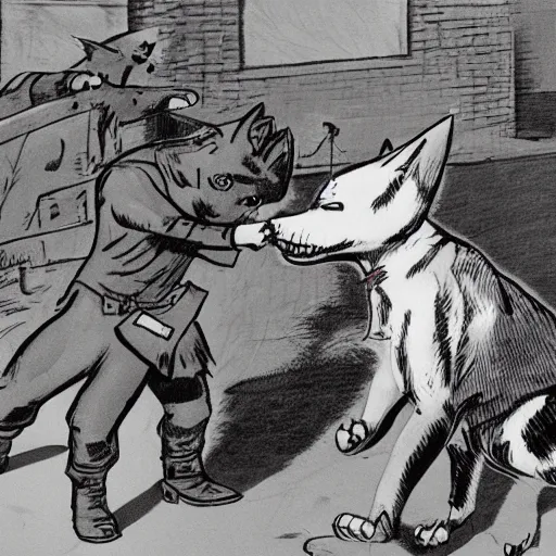 Prompt: A nazi cat and a communist dog fighting
