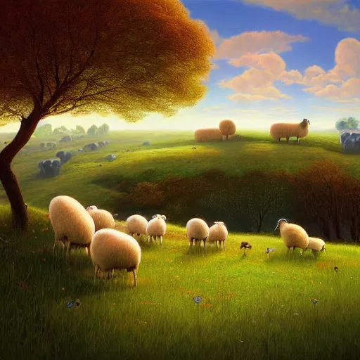 Prompt: sheep in pastoral scene, verdant valley, splendor, by gediminas pranckevicius