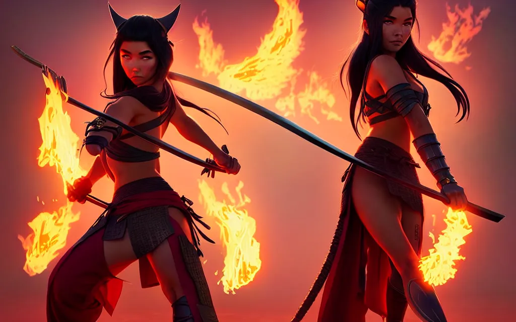 Prompt: weta disney pixar epic movie pinup shot of madison beer as samurai warrior catgirl by pixar : : flames : : by weta, greg rutkowski, wlop, ilya kuvshinov, rossdraws, artgerm, marvel, unreal engine, bright morning, anime