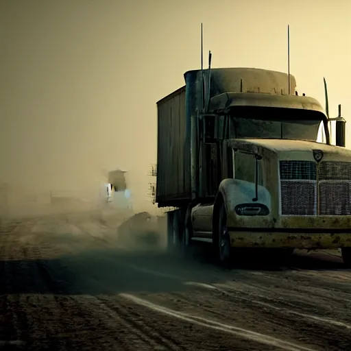 Image similar to argosy tractor trailer truck in mad max : fury road, midday light, dust storm,