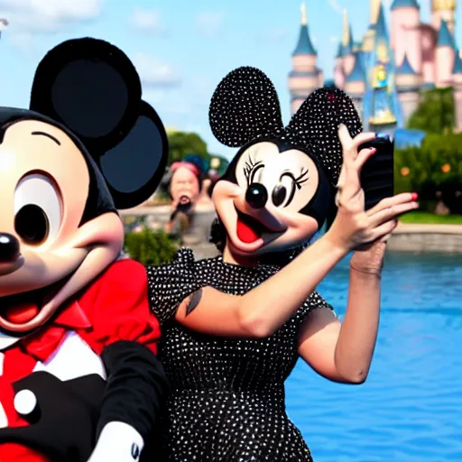 Prompt: katy perry wearing mickey mouse ears takes a selfie in front of the disney world