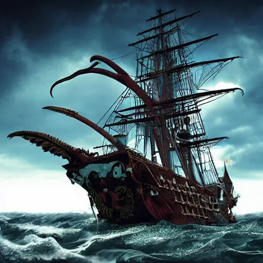 Prompt: an impossibly huge pirate ship, being attacked by a kraken, giant tentacles. 2010s photograph