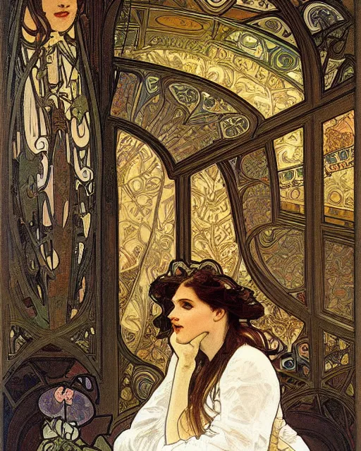 Image similar to painting alphonse mucha, the interior of the opera house, in the hollow of the hall a singer in a white dress on a lighted stage, palette of pastel colors