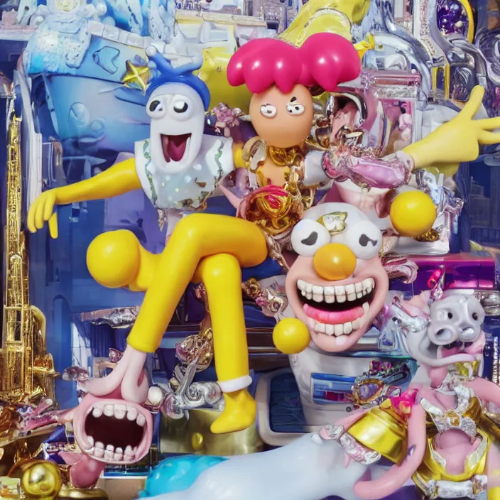 Image similar to jeff koons hip hop bauhaus style street sharks sailor moon wearing diamond grillz and a ton of bussdown iced gold bling in wallace & gromit strata - cut claymation, ultra realistic, concept art, intricate details, serious, highly detailed, photorealistic, octane render, 8 k, unreal engine, art by todd mcfarlane