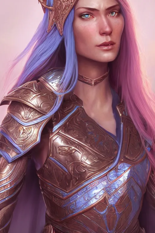 Image similar to a beautiful and highly detailed digital illustration of a female elven paladin with blue hair in rose gold armor, a digital painting by magali villeneuve, cgsociety, fantasy art, cryengine, concept art, photorealism, daz 3 d, sketchfab, zbrush, vray