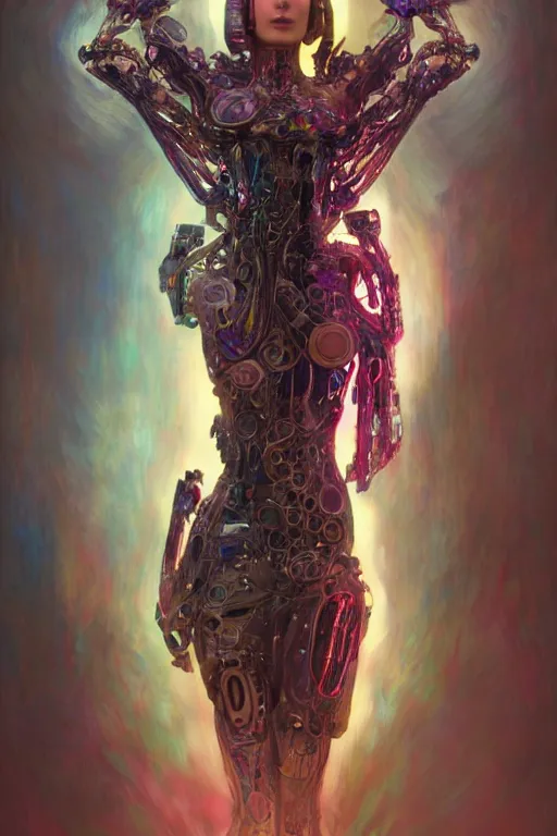 Prompt: psychedelic organic cyborg female , glass, diffuse lighting, fantasy, intricate, elegant, highly detailed, lifelike, blade runner, dark, photorealistic, digital painting, artstation, illustration, concept art, smooth, sharp focus, art by John Collier and Albert Aublet and Krenz Cushart and Artem Demura and Alphonse Mucha