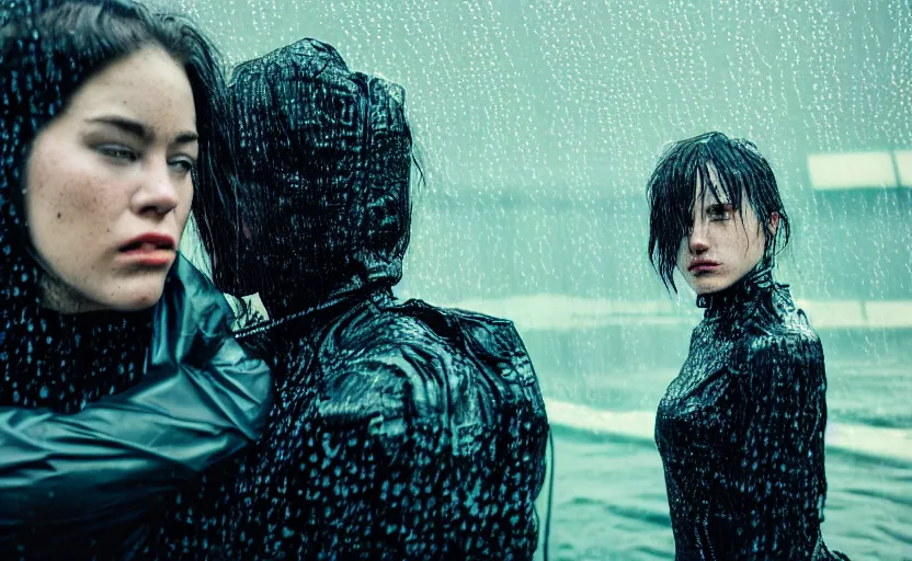 Image similar to cinestill 5 0 d candid action photographic portrait by quentin tarantino of two loving female androids wearing rugged black mesh techwear in treacherous waters, extreme closeup, modern cyberpunk retrofuturism moody emotional cinematic, pouring iridescent rain, 8 k, hd, high resolution, 3 5 mm, f / 3 2, motion blur, ultra realistic faces, ex machina