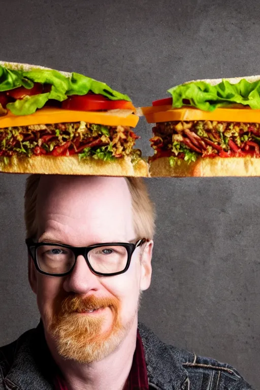 Image similar to 📷 portrait of adam savage the sandwich, made of food, still image, dynamic lighting, 4 k