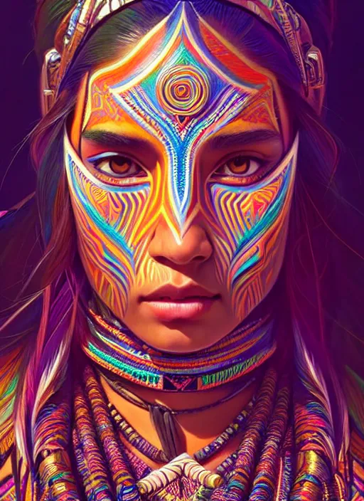 Image similar to hyper detailed ultra sharp of a beautiful tribal aztec trance girl. trending on artstation, warpaint aesthetic, earthwave, colorful, psychedelic, ornate, intricate, digital painting, concept art, smooth, sharp focus, illustration, art by artgerm and greg rutkowski and alphonse mucha, 8 k