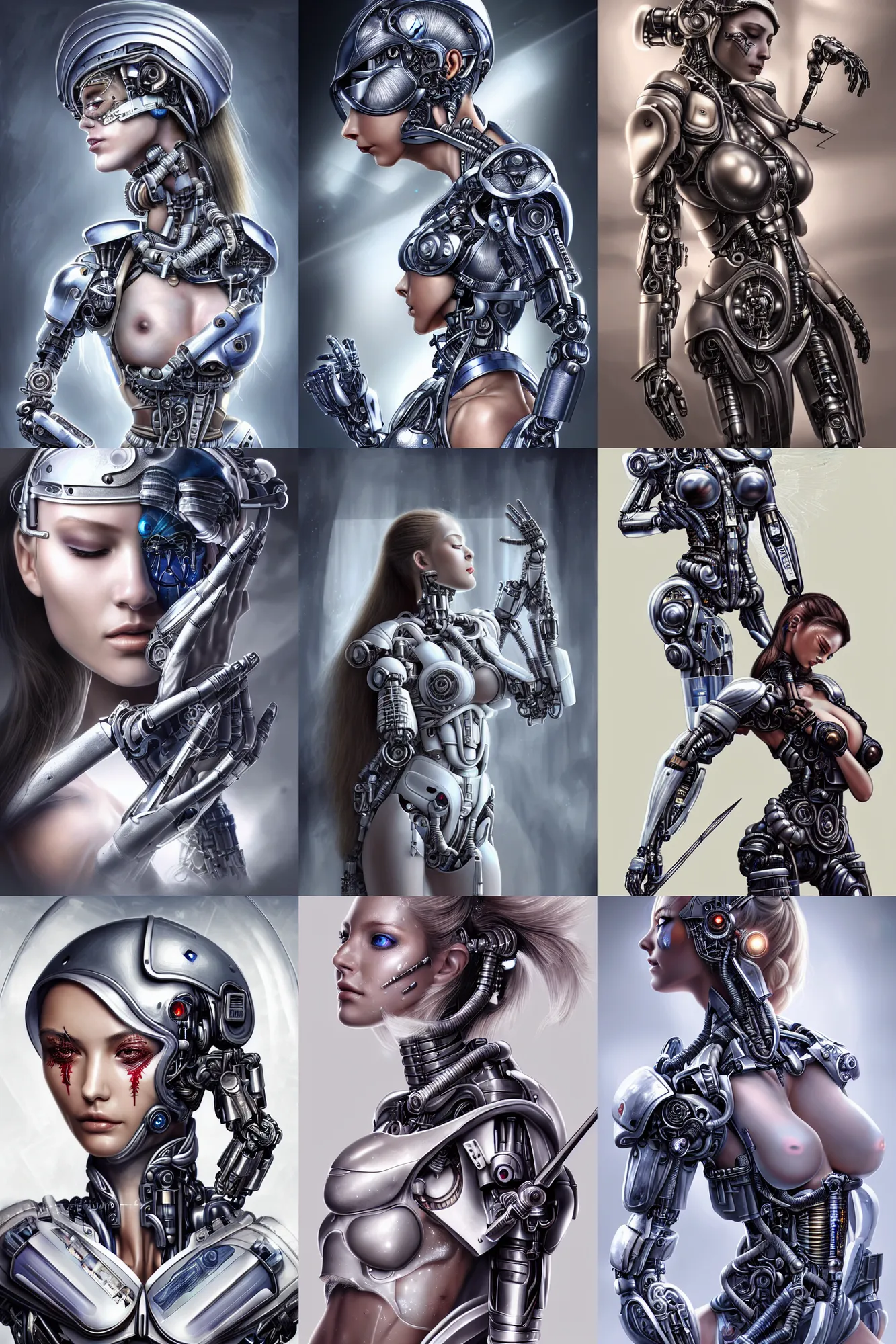 Prompt: Ultra realistic illustration, incredibly beautiful and alluring, damaged cyborg warrior priestess being repaired by a beautiful medical nurse cyborg, feminine figure, smooth skin, gorgeous, pretty face, beautiful symmetrical fashion model body, set in a futuristic Japanese Military medical bay, D&D, fantasy, intricate, elegant, highly detailed, digital painting, concept art, smooth, sharp focus, illustration, art by Yuumei and Yanjun Cheng and artgerm and Masamune Shirow and greg rutkowski and alphonse mucha and KyuYong Eom and WLOP, set in post apocalyptic Tokyo, overgrown plants, dapped light, large draped cloth, tissue ornament, dark fantasy, hyper realistic, digital illustration, trending on artstation