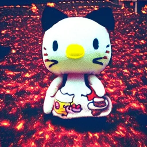 Image similar to “burning flaming hello kitty plush doll falling from the night sky, explosion burning glowing particles everywhere raining down from dark black sky into a dark cornfield. Flash photo.”