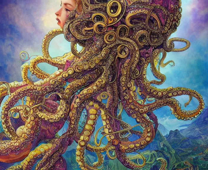 Prompt: portrait of an octopus goddess, full body shot, rule of thirds, wide angle, amazing landscape in background, magic realism, fantasy, whimsical, horror, art by riot games and chengwei pan and josephine wall and amanda sage and alphonse mucha, intricately detailed, highly detailed, luxurious, elegant, clean, unsettling, trending on artstation