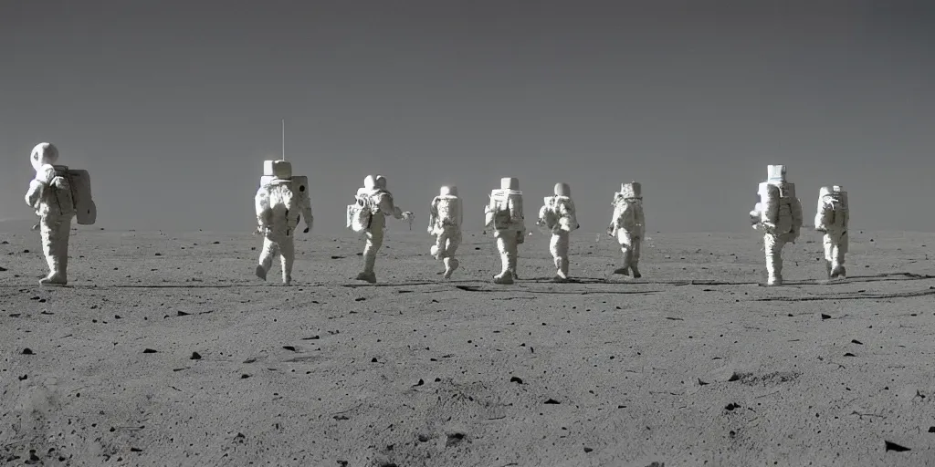 Prompt: color film still, android soldiers marching in the lunar base ; moon ( 2 0 0 9 )