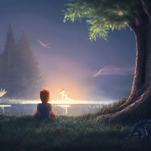 Image similar to a silver dragon and a boy sitting together next to a lake watching firefly at night in forest, concept art, dof, cryengine, digital art, detailed background, makoto shinkai