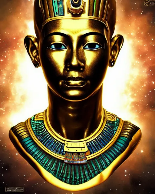 Prompt: A floating head of Tutankhamun as an alien in space, only the head, fantasy art, in the style of artgerm, illustration, epic, fantasy, intricate, hyper detailed, artstation, concept art, smooth, sharp focus, ray tracing, vibrant, artgerm, award winning art, ray tracing