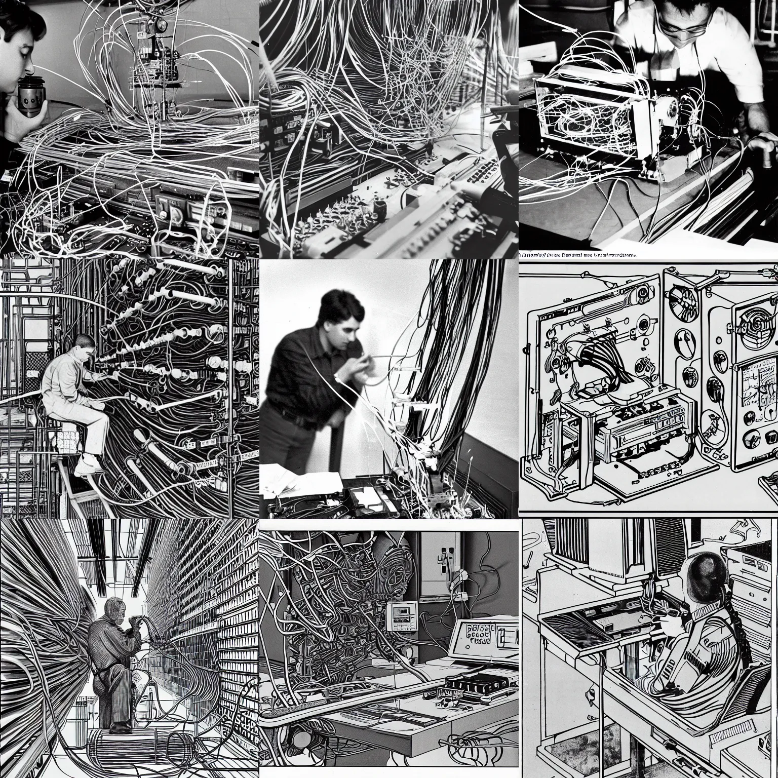Prompt: photograph of soviet researcher working in super complex device, metallic, wires, intrincate, hyper detailed, 1 9 8 7