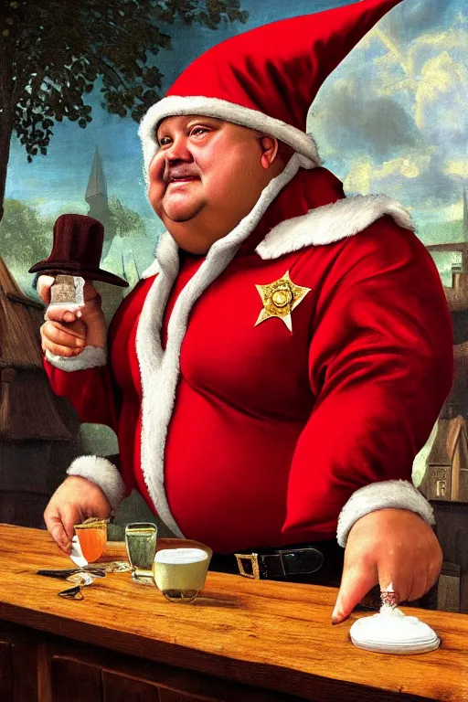 Prompt: high fantasy elf mall cop at a tavern with a sheriff's badge that is fat, shifty, and incompetent, portrait from the chest up, Famous painting by Renaissance Painter Carvagio, Oil Painting, hyper realistic,, 8k UHD scan