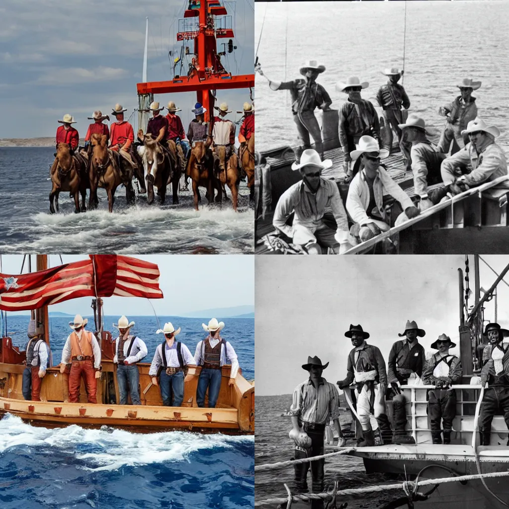 Prompt: group of cowboys manning a ship on the high seas