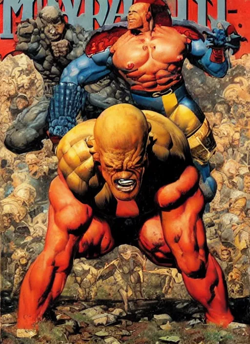 Image similar to full body and head portrait of marvel mutant juggernaut, dynamic action, painted by norman rockwell and phil hale and greg staples and tom lovell and frank schoonover and jack kirby